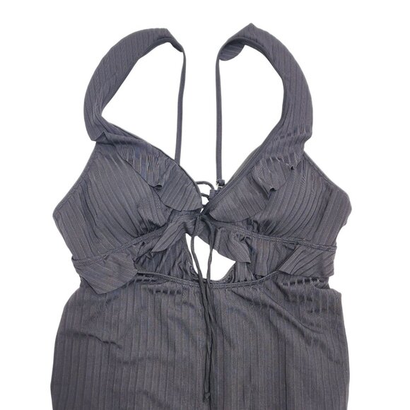 Black Ribbed Halter One-Piece Swimsuit With Ruffle Detail   Size XL - Picture 5 of 5